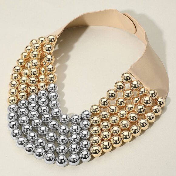2-Tone Metallic NEW Stunning Shine Beaded 7-Strand Bib Gold Silver Necklace - Picture 2 of 10